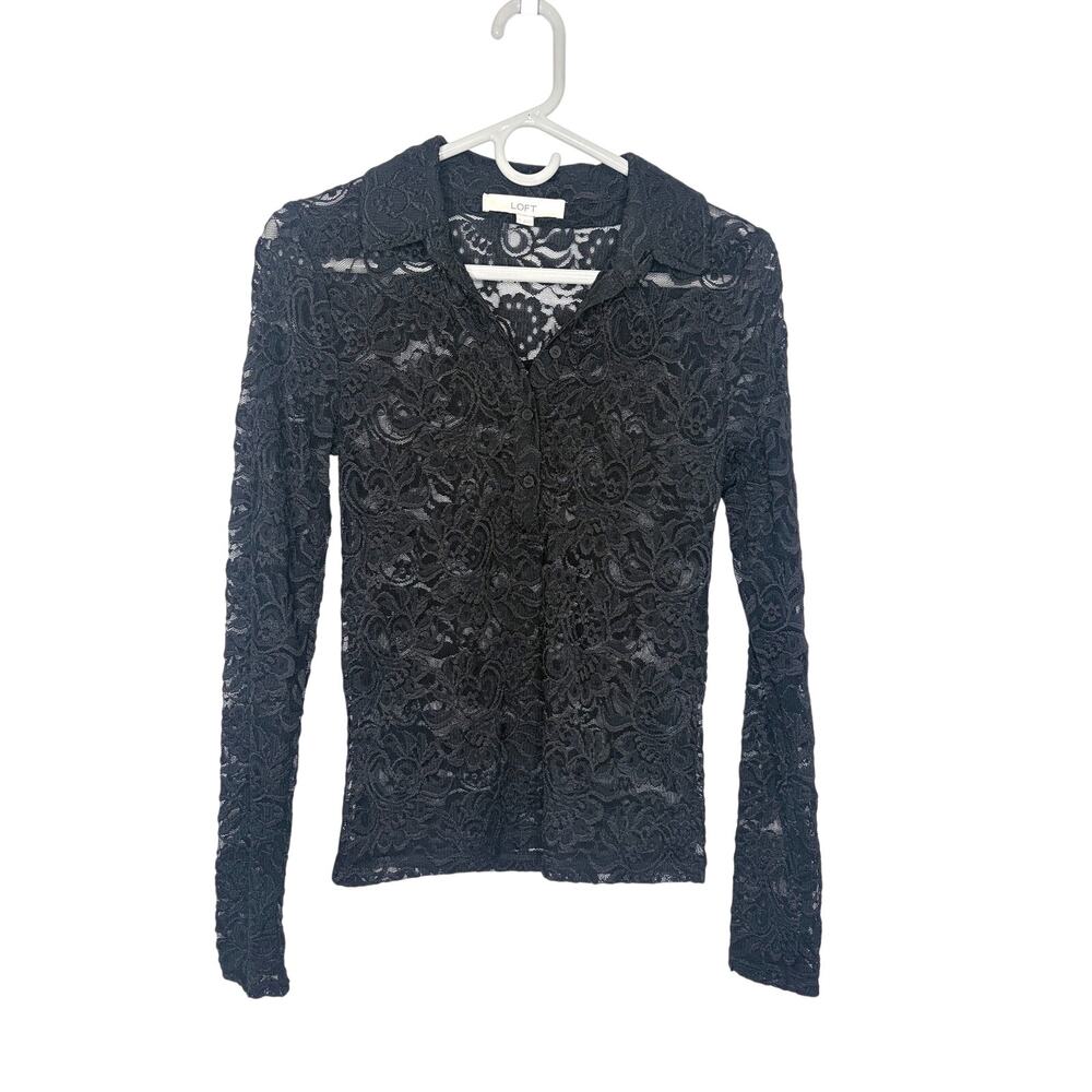 LOFT Black Floral Lace Button Up Henley Top Sz S Dark Romantic Whimsigoth